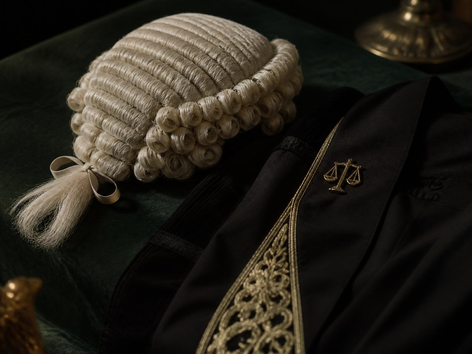 Barrister wig, tailored robe and Themis brooch on forest green velvet